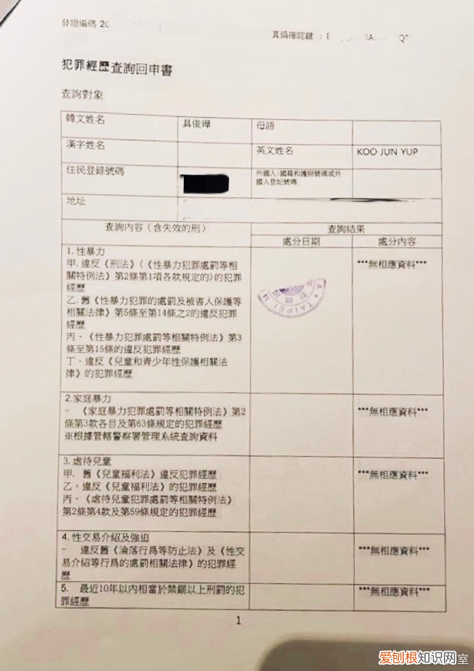 大S老公具俊晔公开无犯罪证明