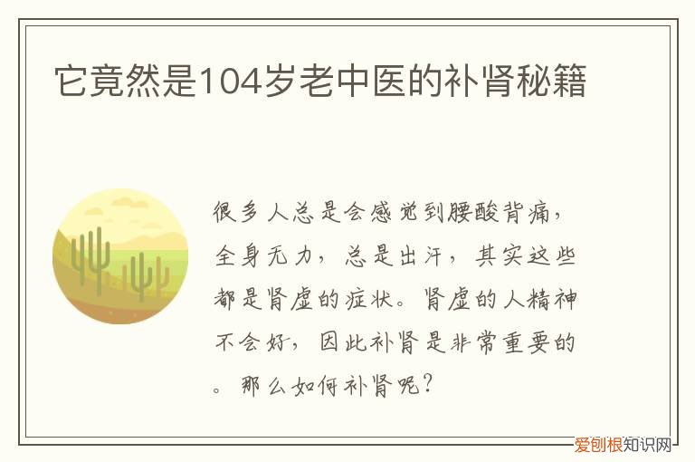 老中医补肾秘方集锦 它竟然是104岁老中医的补肾秘籍