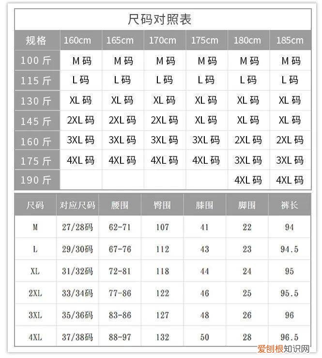 女士裤子尺码对照表